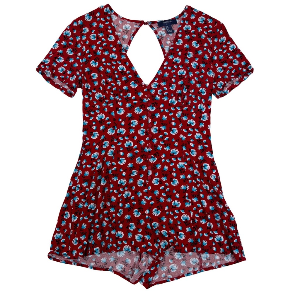 Forever 21 Womens Red Blue Floral V-Neck Open Back Summer Romper Size Small Y2K